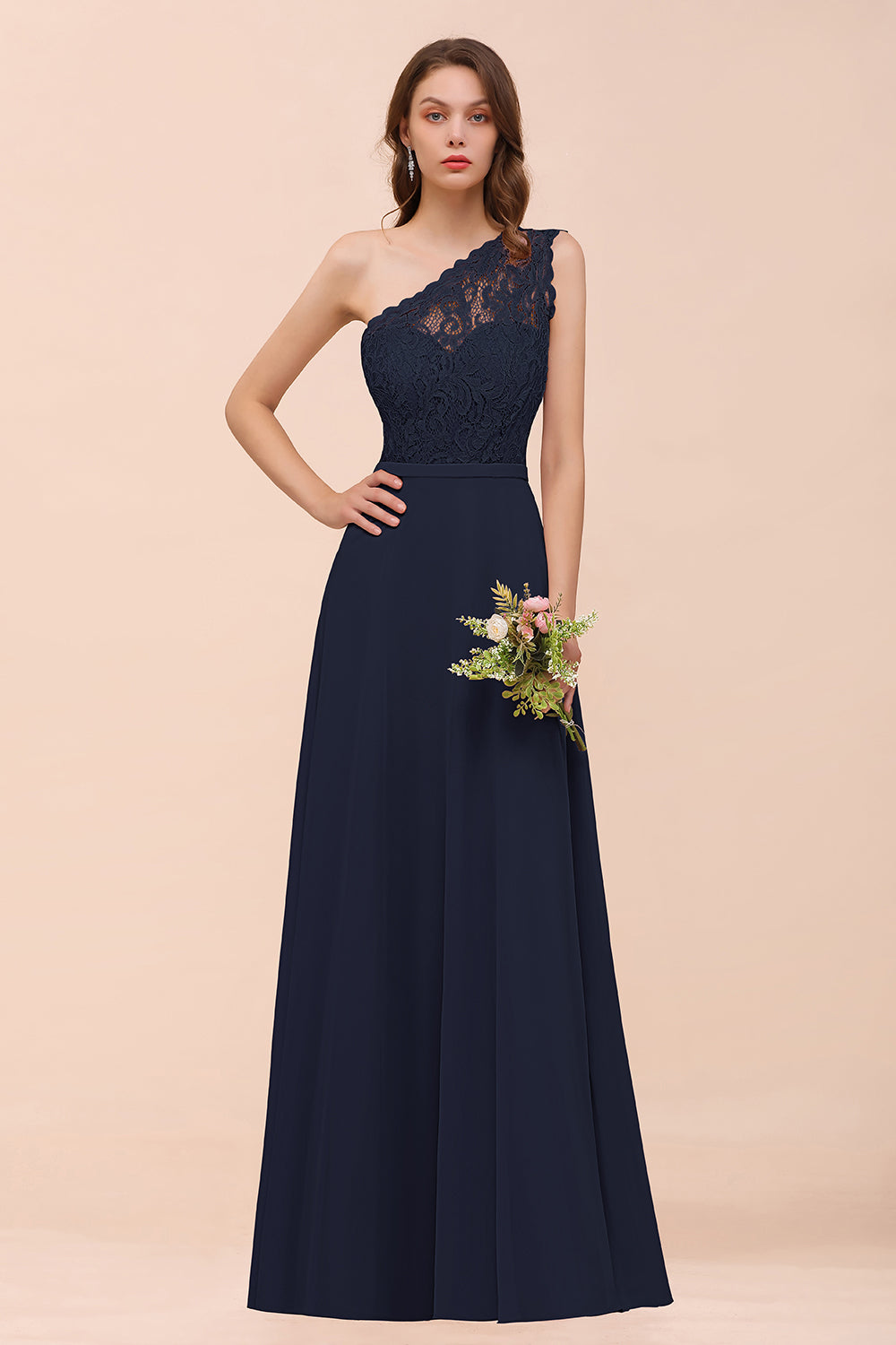 Navy One Shoulder Chiffon A-Line Long Bridesmaid Dress