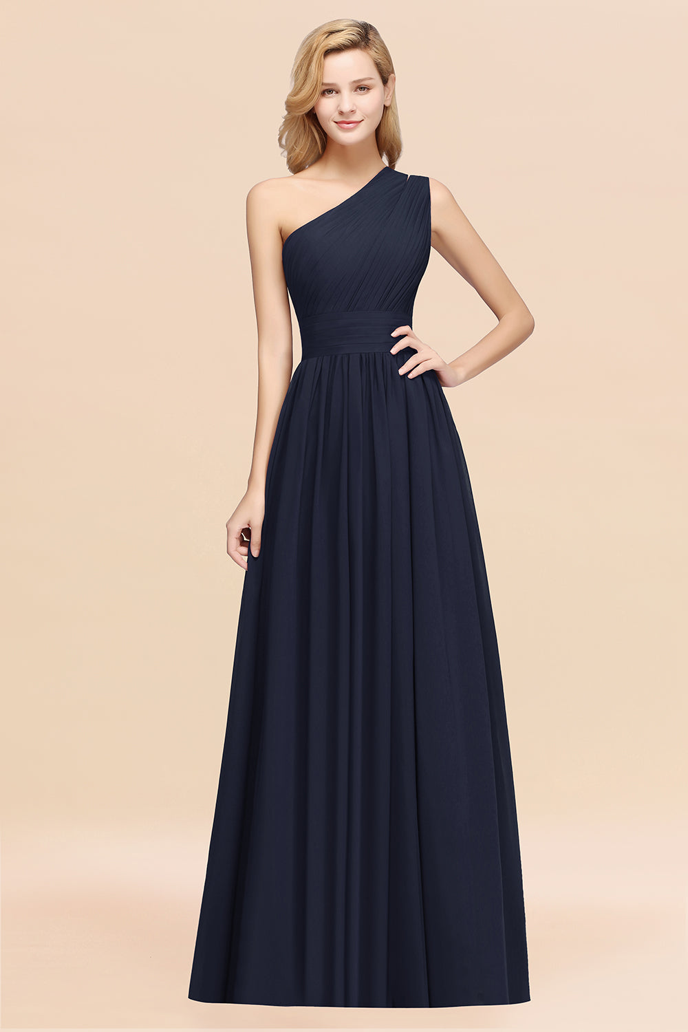 Navy One Shoulder Chiffon A-Line Long Bridesmaid Dress