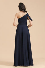 Navy One Shoulder Chiffon A-Line Long Bridesmaid Dress Back View