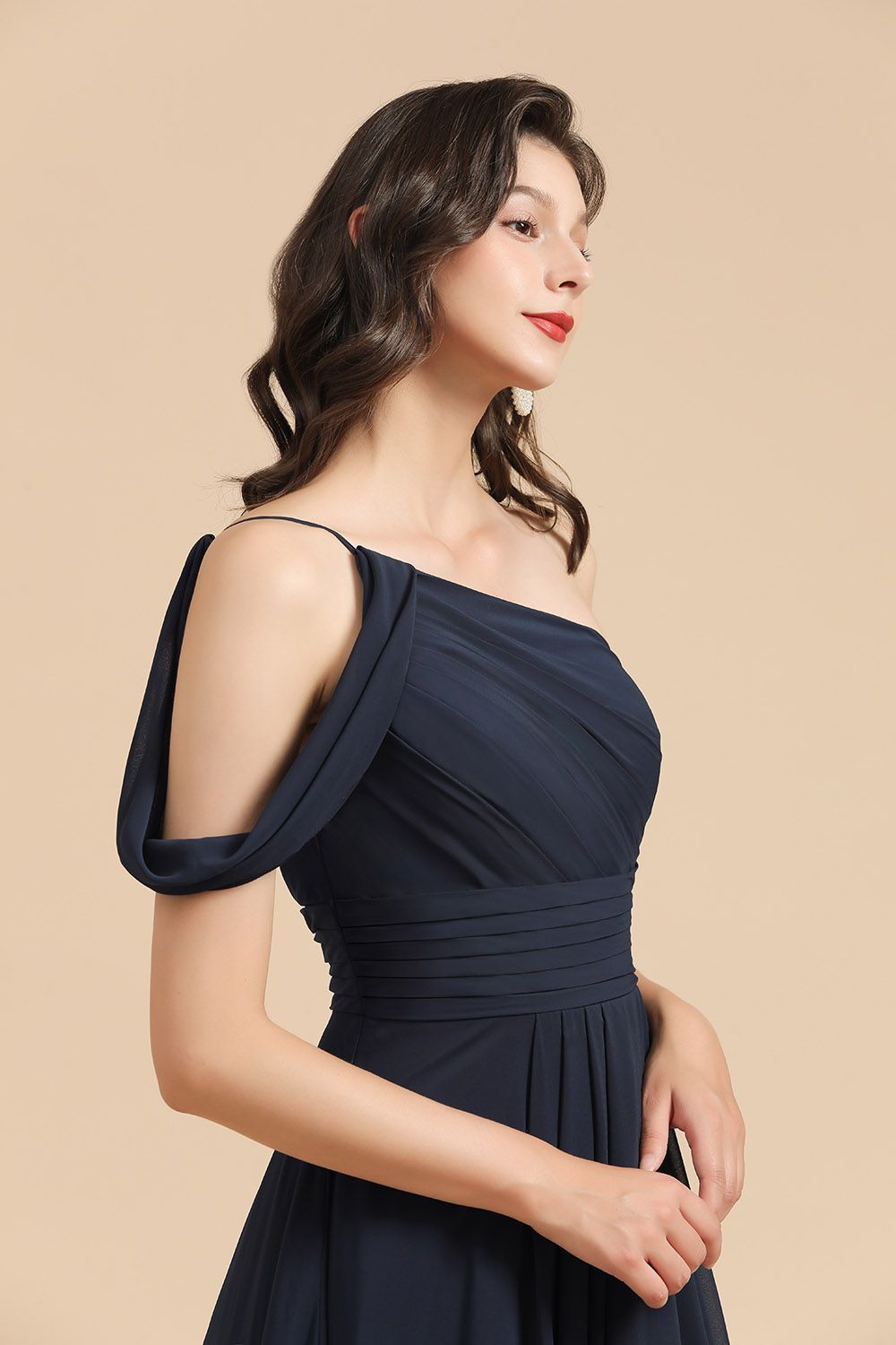 Navy One Shoulder Chiffon A-Line Long Bridesmaid Dress Bodice Detail