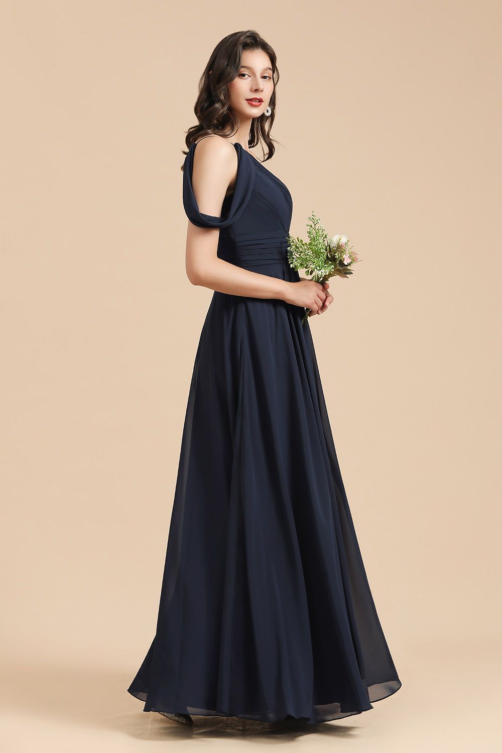 Navy One Shoulder Chiffon A-Line Long Bridesmaid Dress Side View