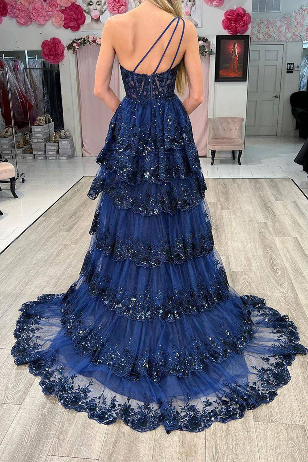 Navy One Shoulder Tulle A-Line Long Prom Dress with Slit Back View