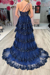 Navy One Shoulder Tulle A-Line Long Prom Dress with Slit Back View