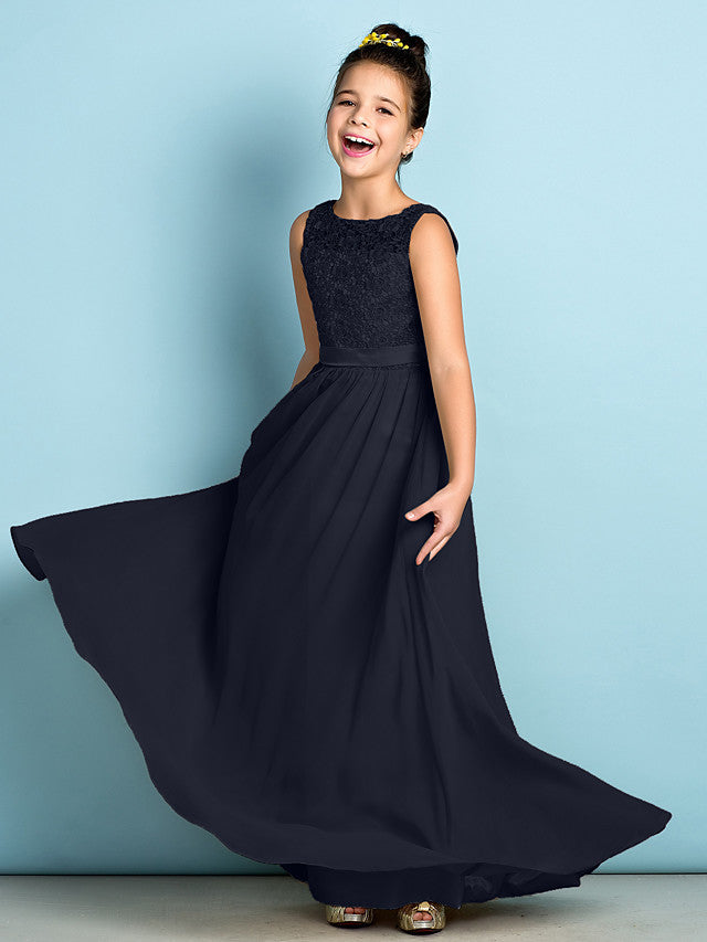 Navy Scoop Neck Chiffon A-Line Flower Girl Dress