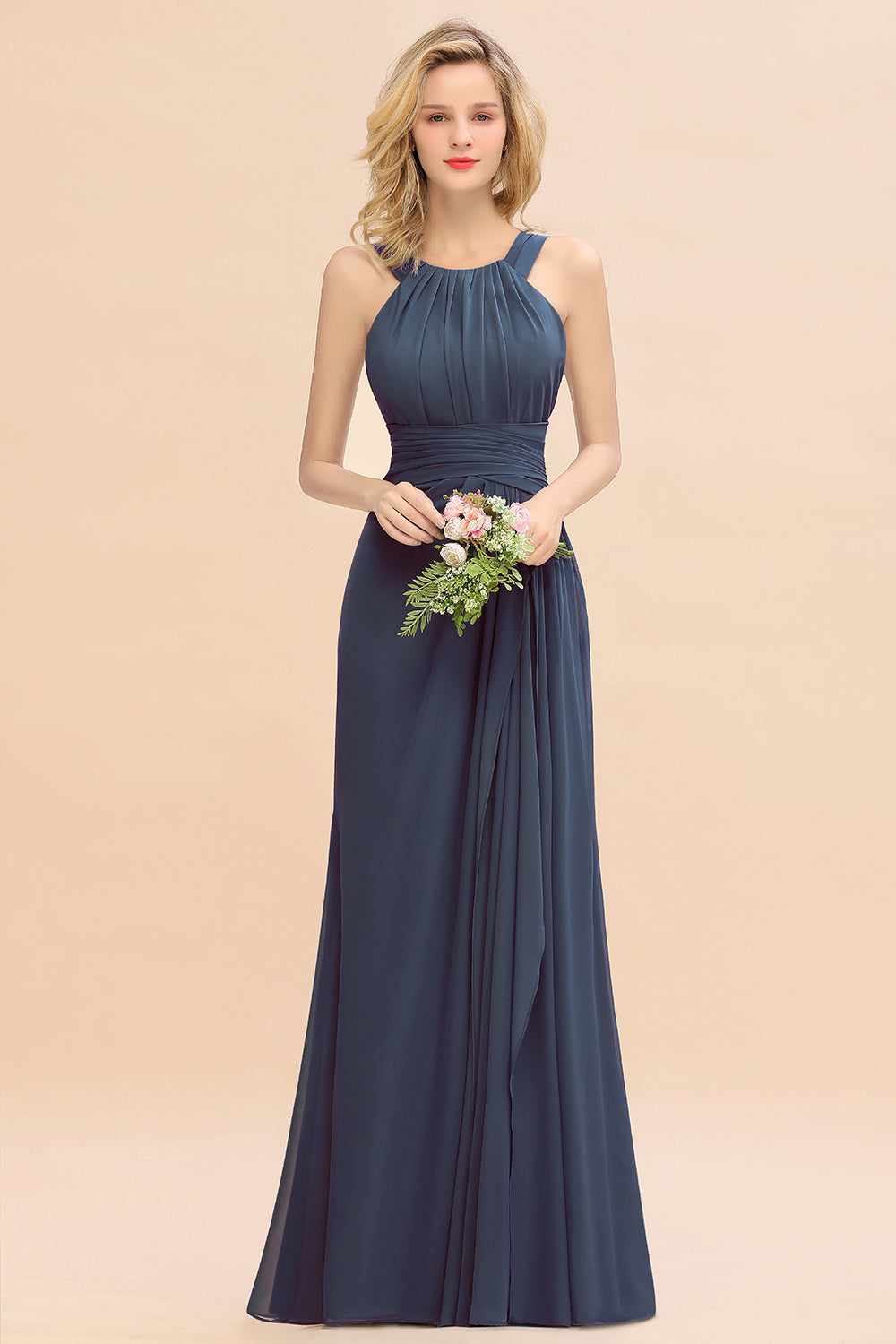 Navy Scoop Neck Chiffon A-Line Long Bridesmaid Dress
