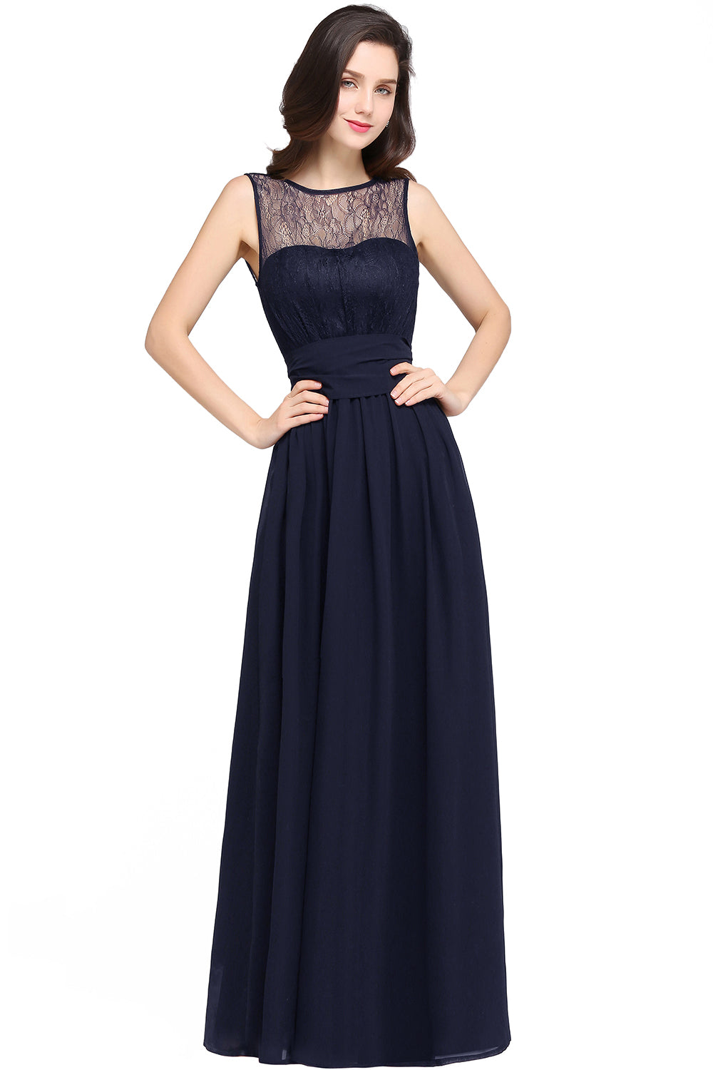 Navy Scoop Neck Chiffon A-Line Long Bridesmaid Dress