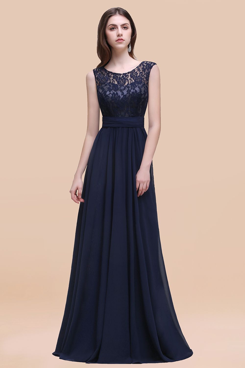 Navy Scoop Neck Chiffon A-Line Long Bridesmaid Dress