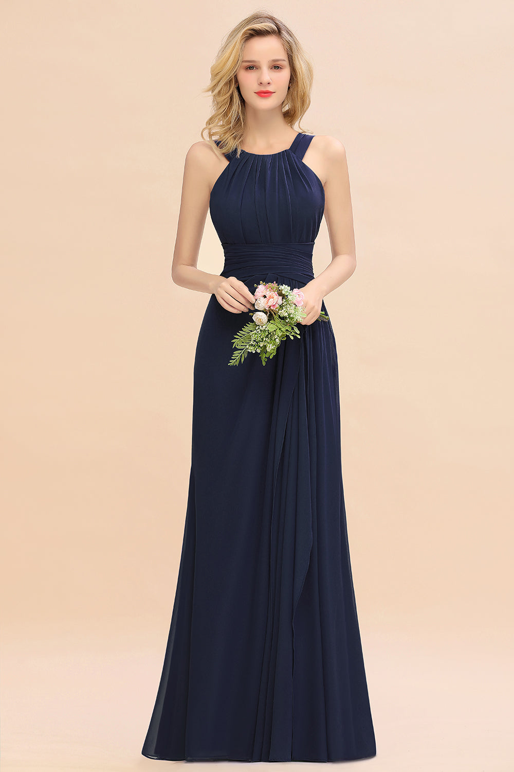 Navy Scoop Neck Chiffon A-Line Long Bridesmaid Dress