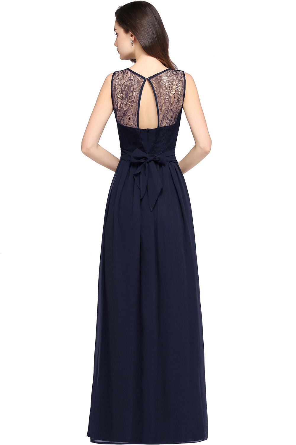 Navy Scoop Neck Chiffon A-Line Long Bridesmaid Dress Back View