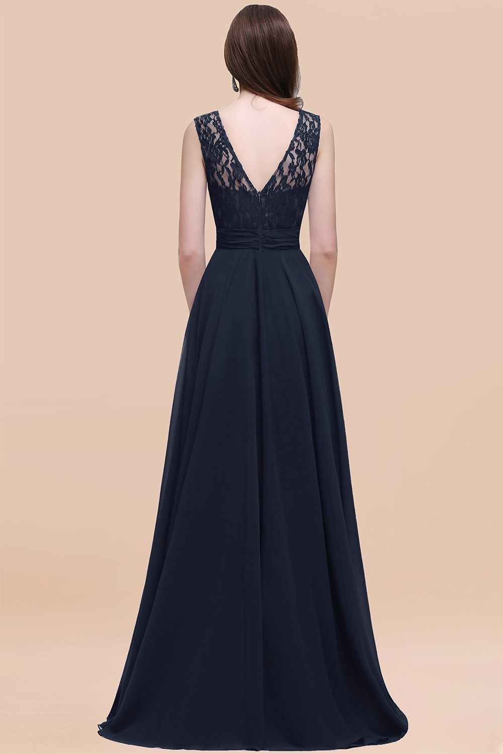 Navy Scoop Neck Chiffon A-Line Long Bridesmaid Dress Back View