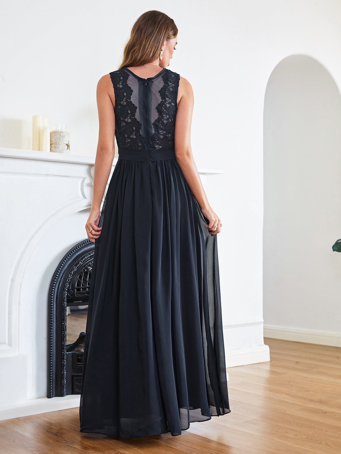 Navy Scoop Neck Chiffon A-Line Long Bridesmaid Dress with Lace Appliques and Pleats Back View