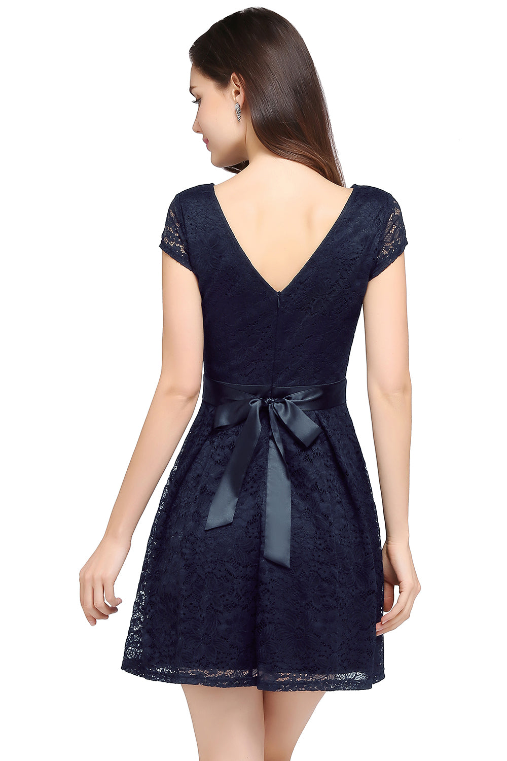 Navy Scoop Neck Lace A-Line Short Bridesmaid Dress Back View