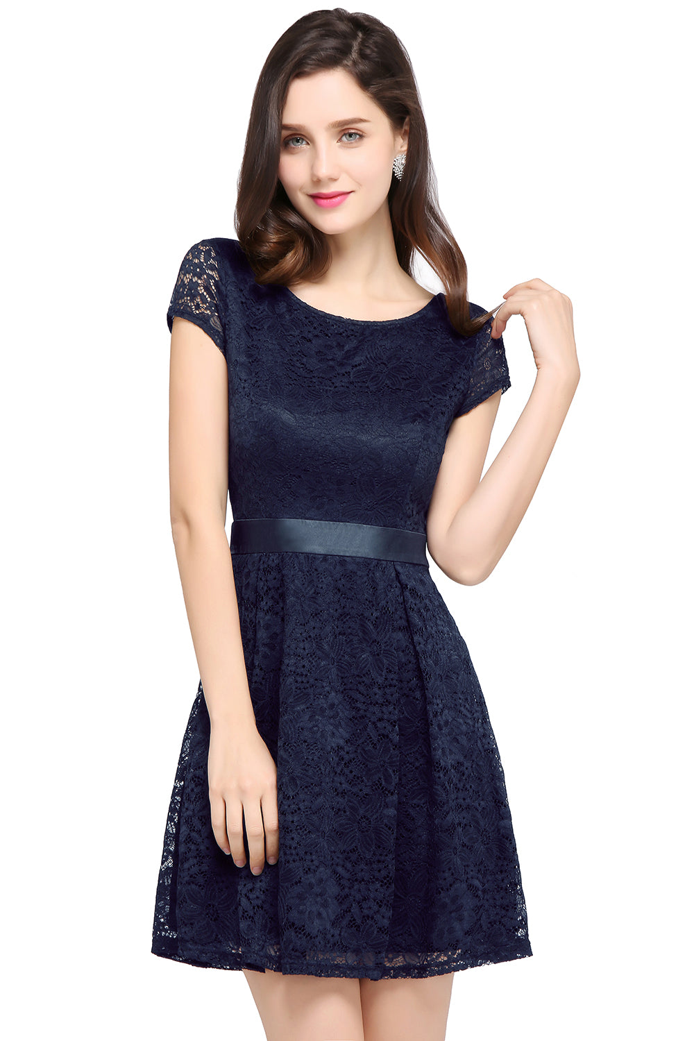 Navy Scoop Neck Lace A-Line Short Bridesmaid Dress