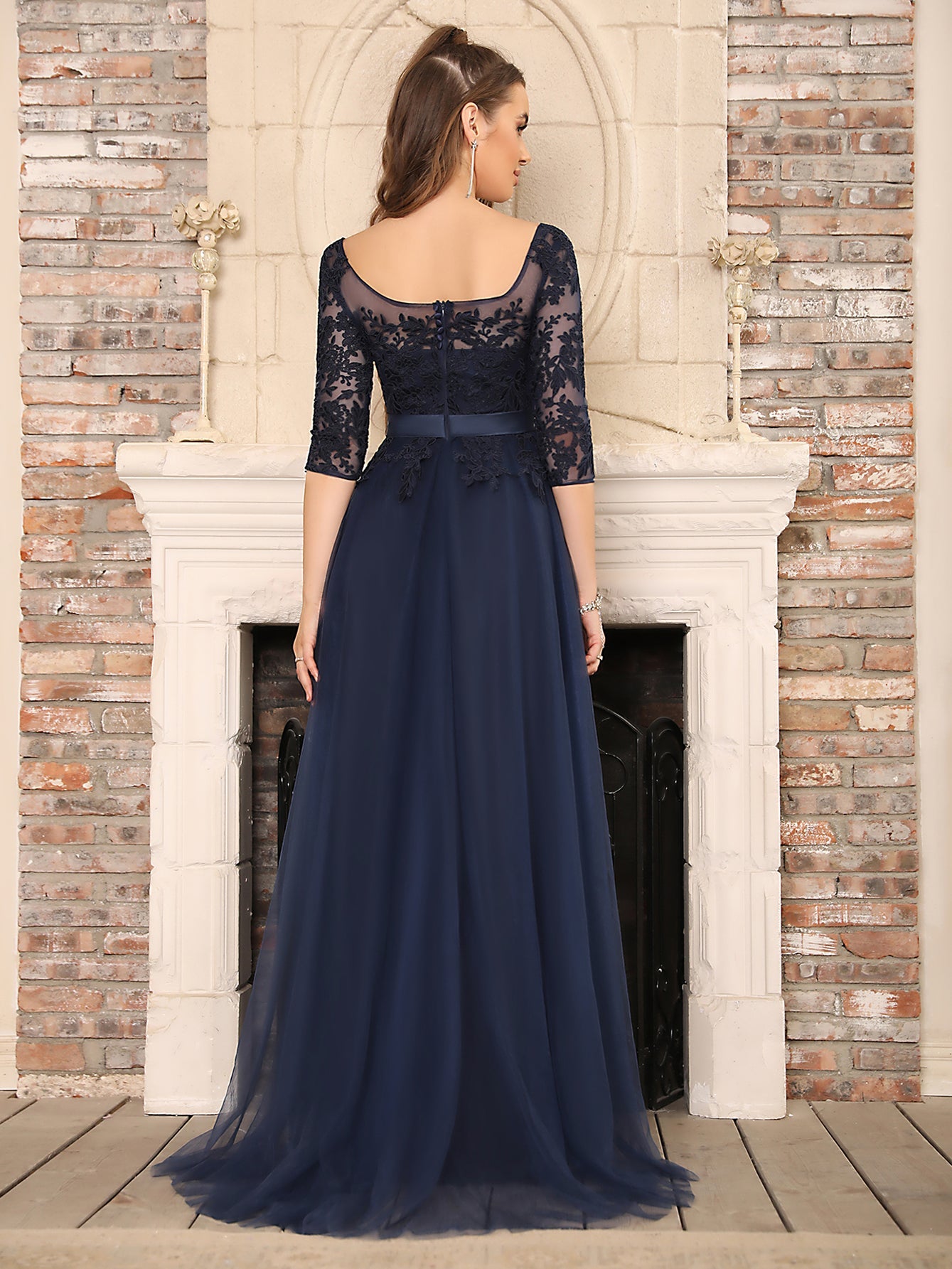 Navy Scoop Neck Tulle A-Line Long Bridesmaid Dress Back View