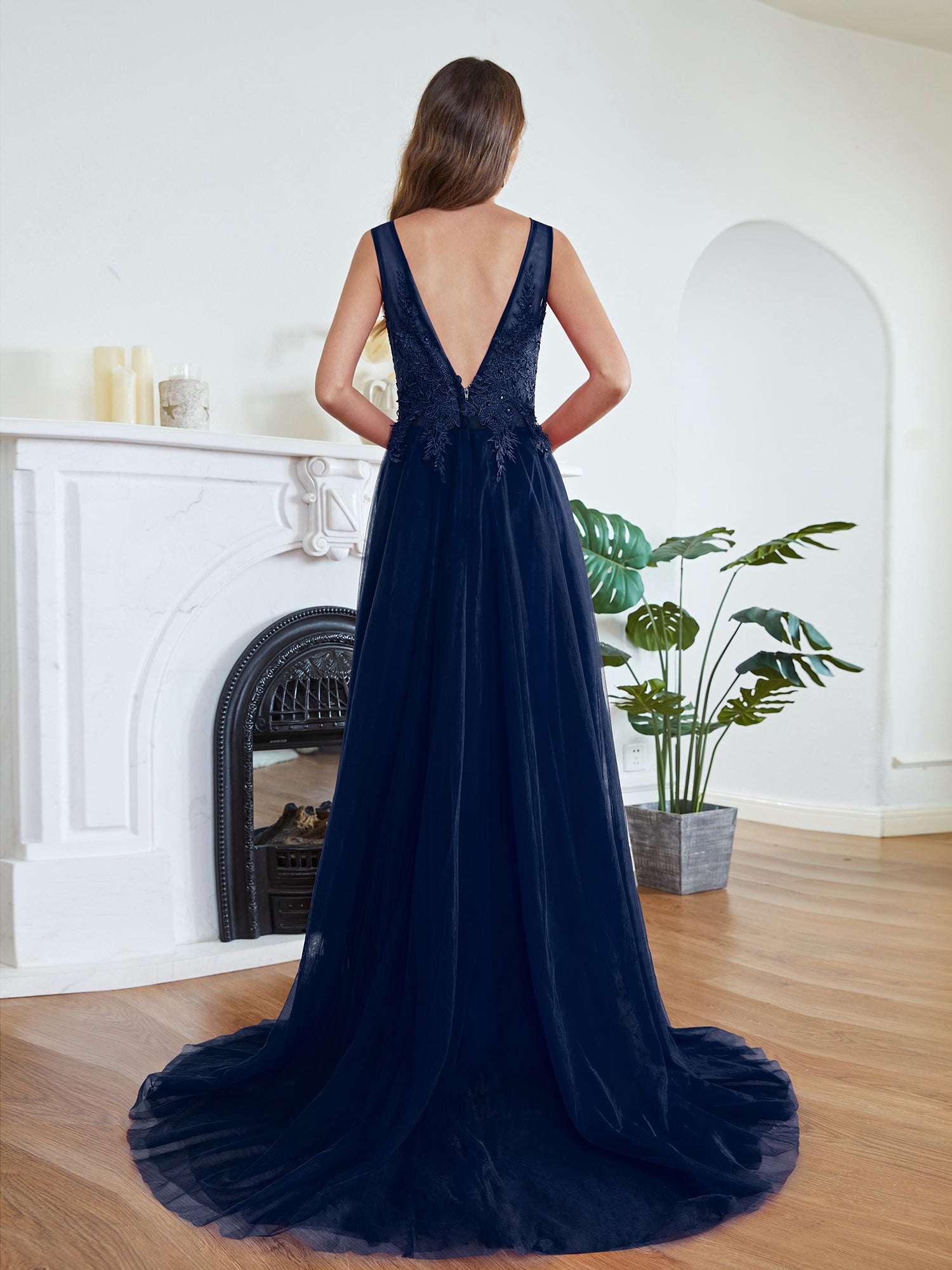 Navy Scoop Neck Tulle A-Line Long Bridesmaid Dress Back View