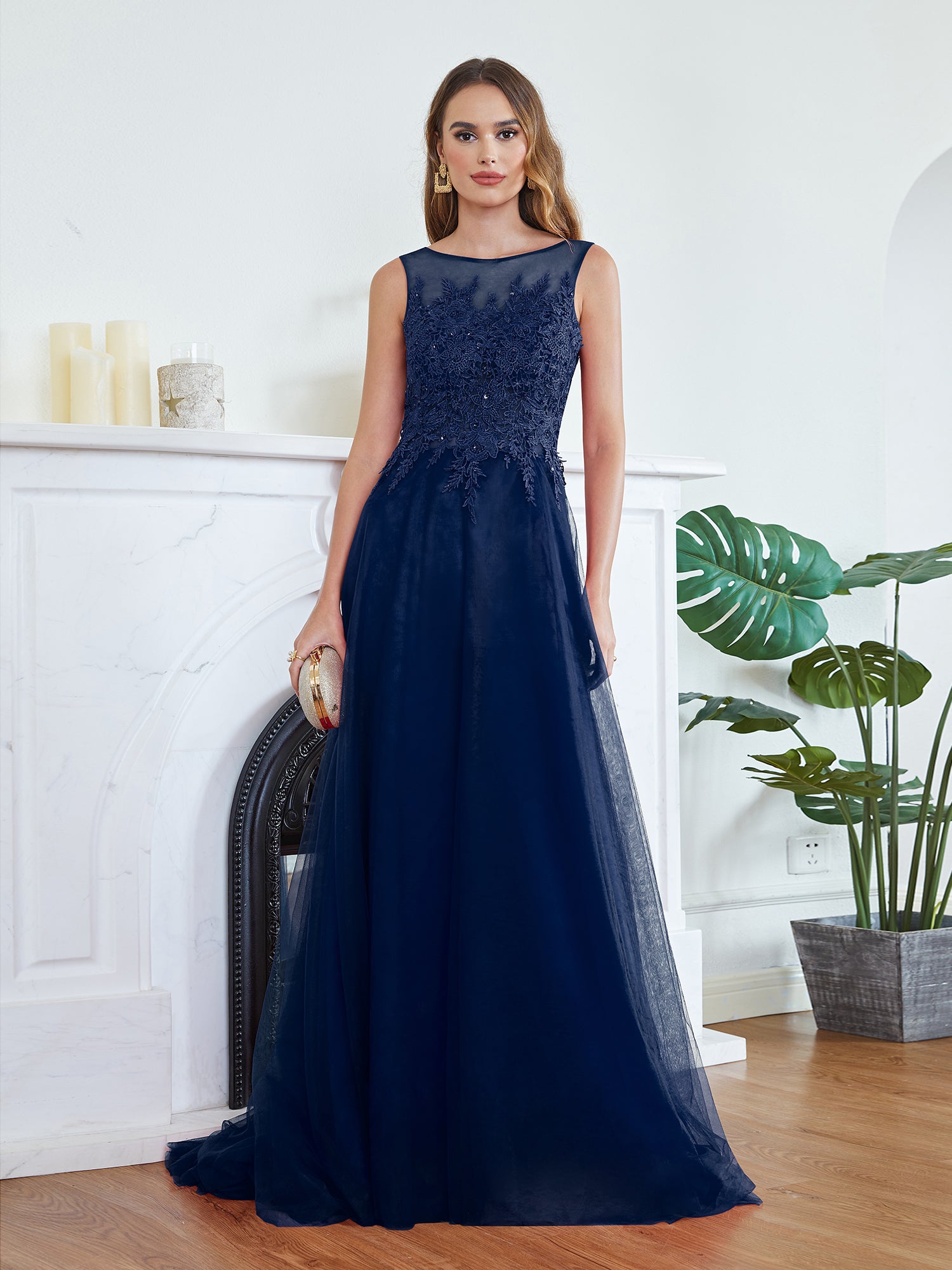 Navy Scoop Neck Tulle A-Line Long Bridesmaid Dress