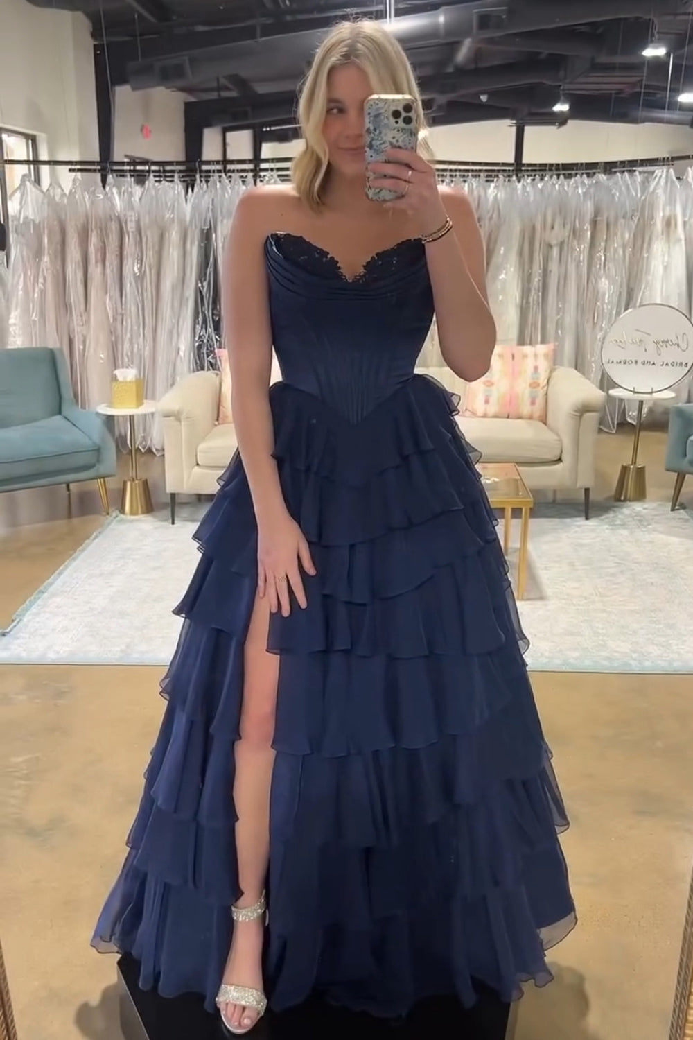 Navy Sweetheart A-Line Long Prom Dress with Slit