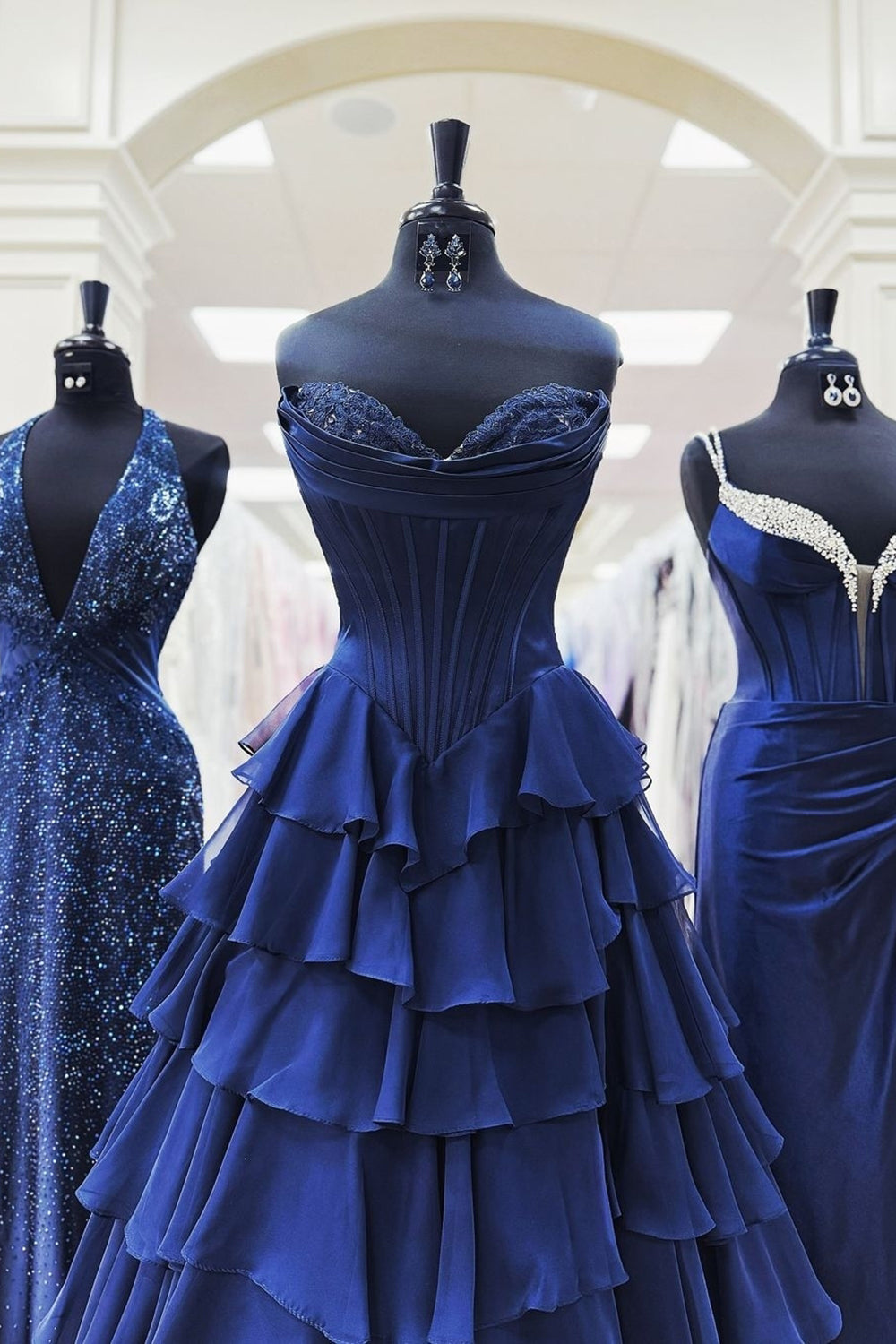 Navy Sweetheart A-Line Long Prom Dress with Slit Bodice Detail