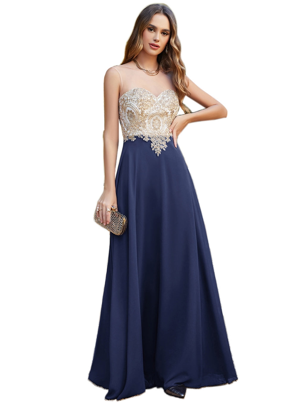 Navy Sweetheart Chiffon A-Line Long Bridesmaid Dress
