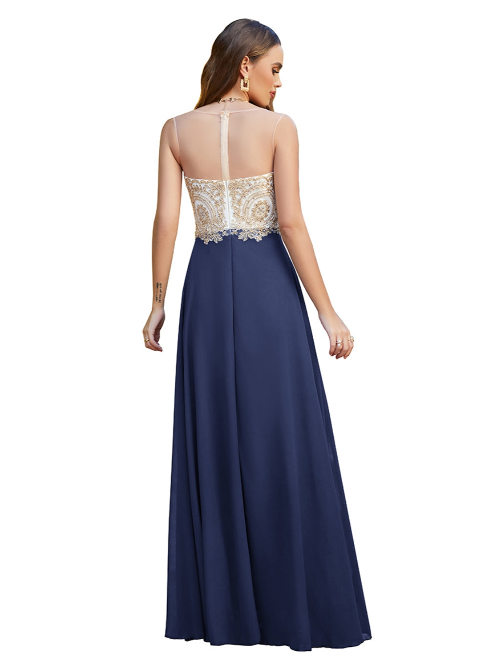 Navy Sweetheart Chiffon A-Line Long Bridesmaid Dress Back View