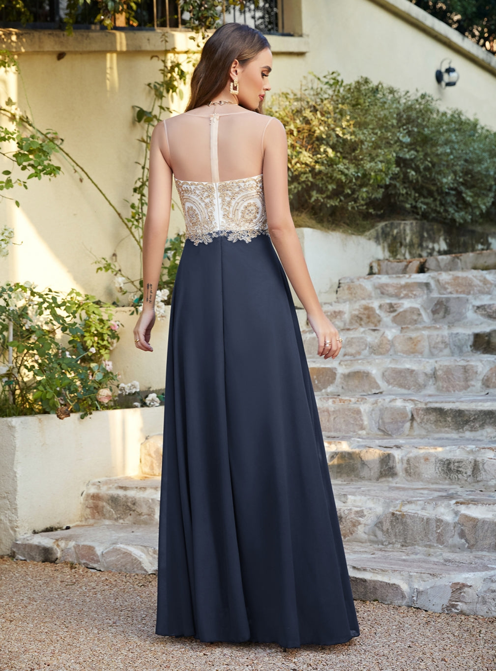 Navy Sweetheart Chiffon A-Line Long Bridesmaid Dress Back View