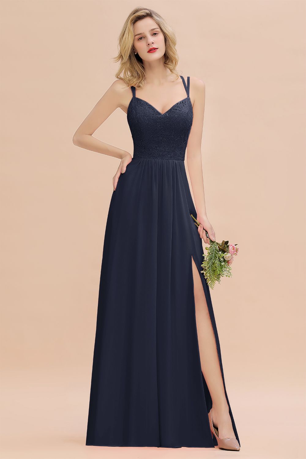 Navy Sweetheart Chiffon A-Line Long Bridesmaid Dress with Slit