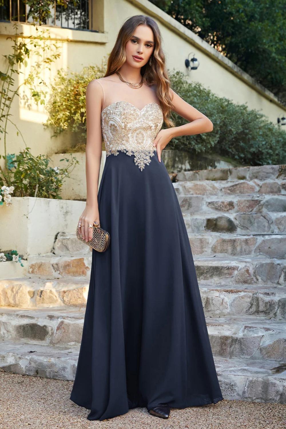 Navy Sweetheart Chiffon A-Line Long Bridesmaid Dress
