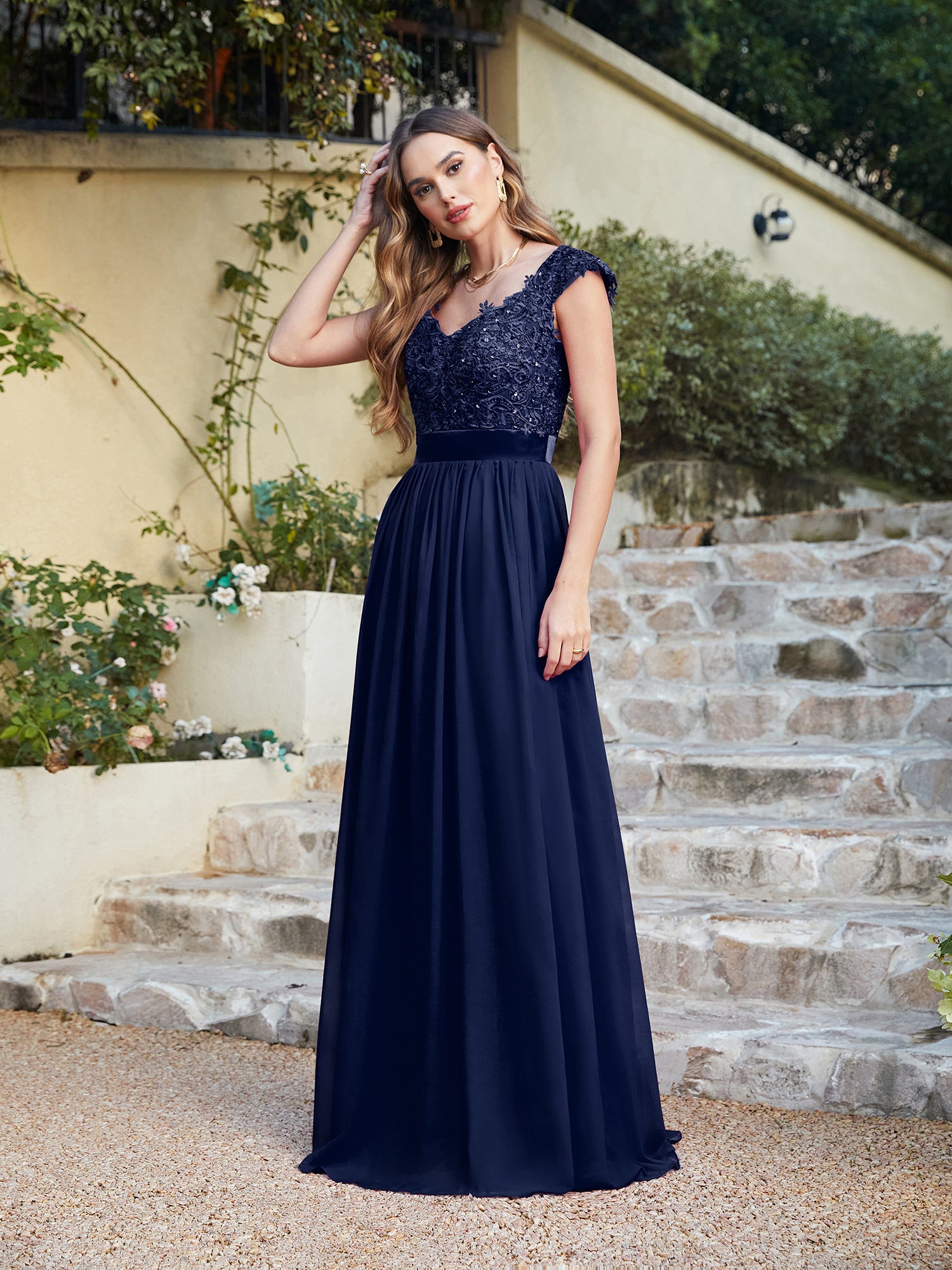 Navy V-Neck A-Line Long Bridesmaid Dress with Lace Appliques