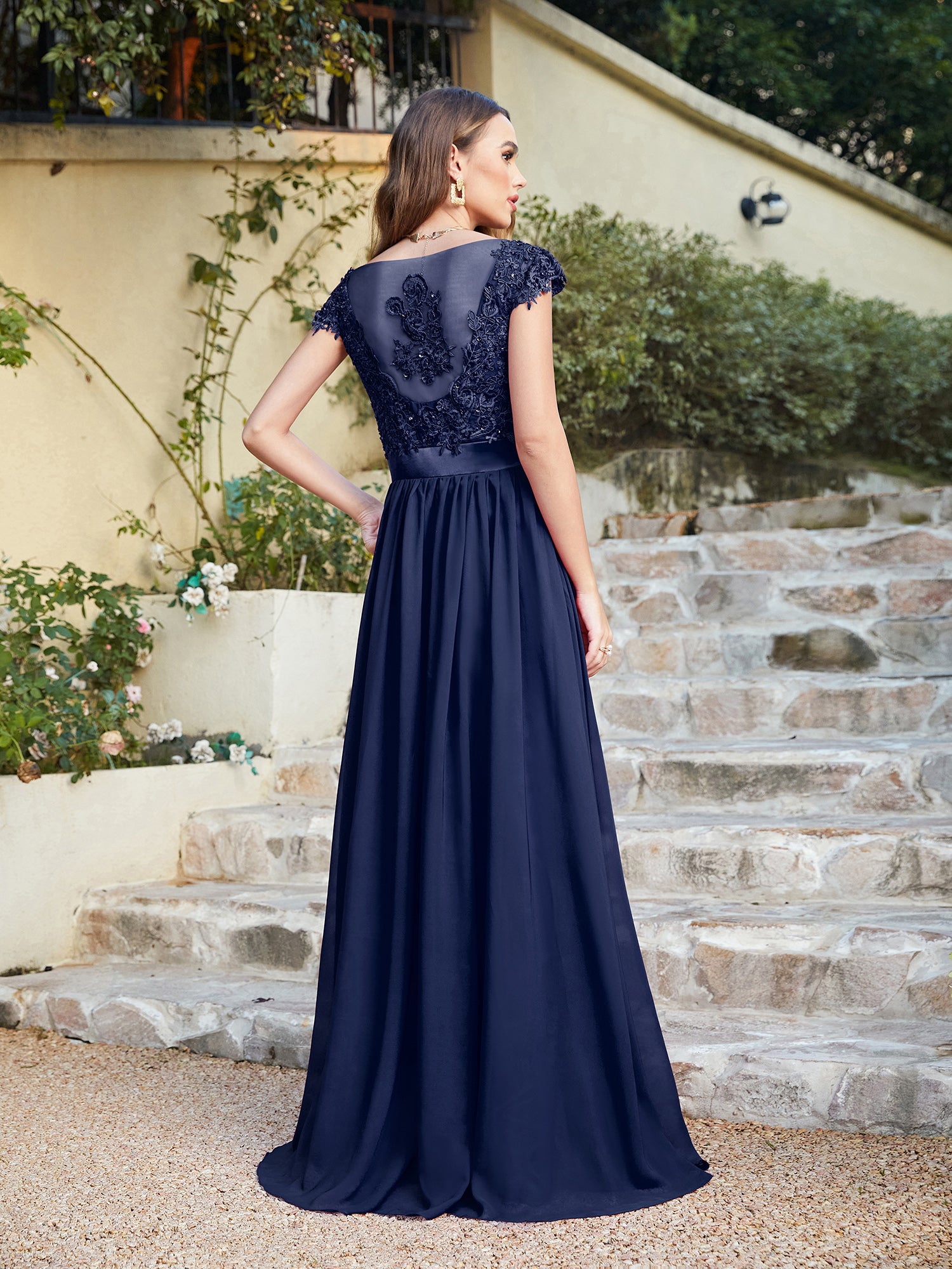 Navy V-Neck A-Line Long Bridesmaid Dress with Lace Appliques Back View