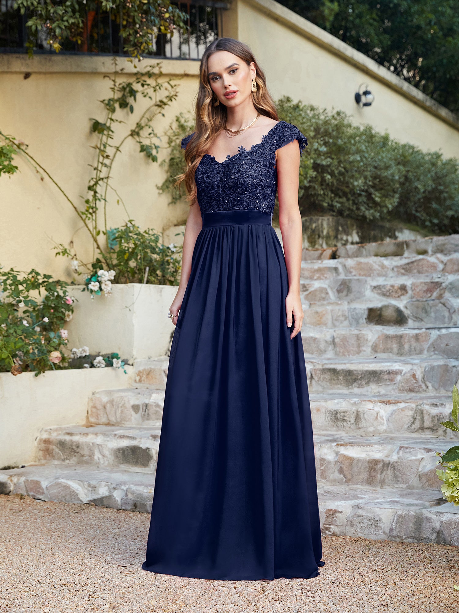 Navy V-Neck A-Line Long Bridesmaid Dress with Lace Appliques