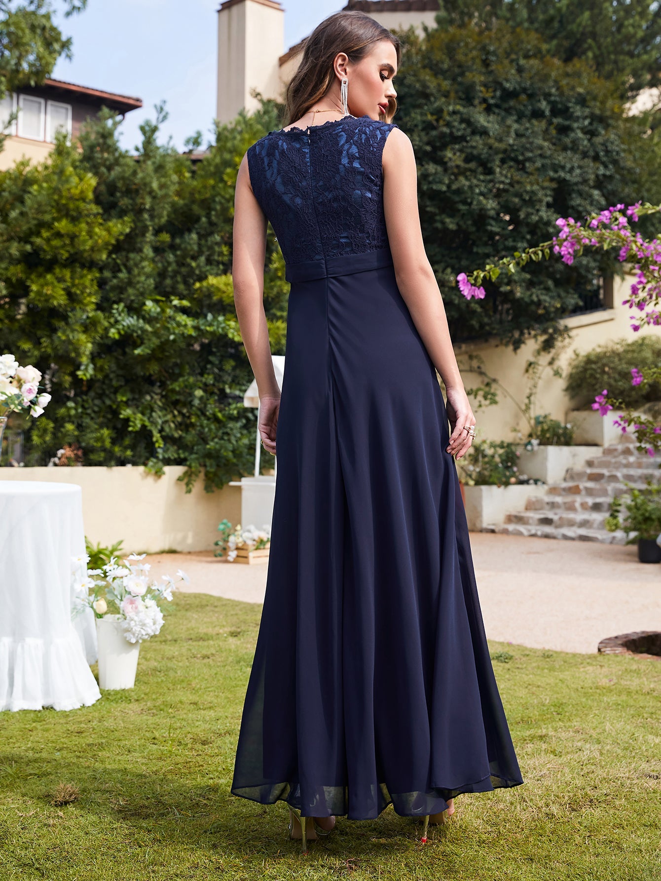 Navy V-Neck Chiffon A-Line Long Bridesmaid Dress Back View