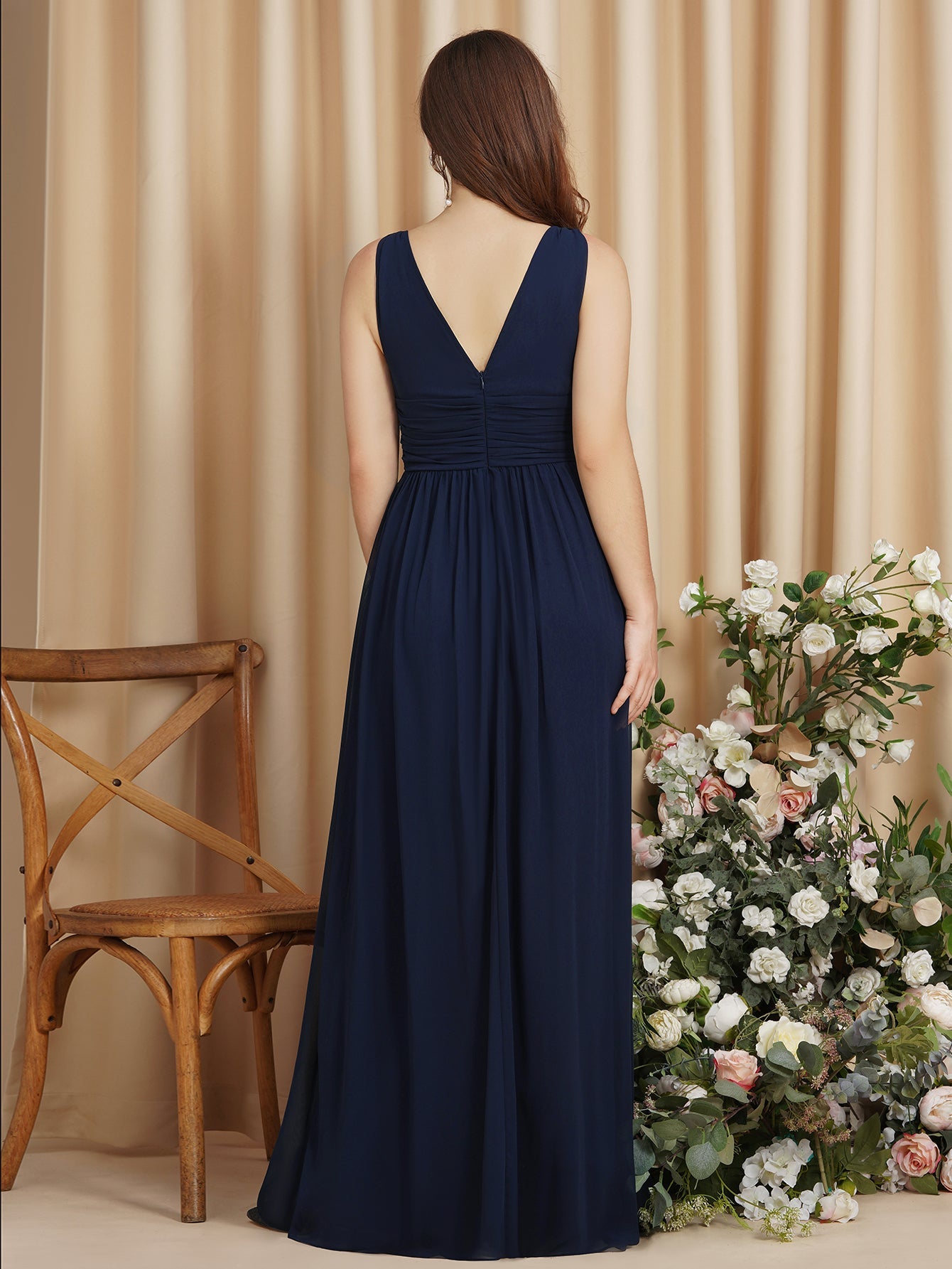 Navy V-Neck Chiffon A-Line Long Bridesmaid Dress Back View