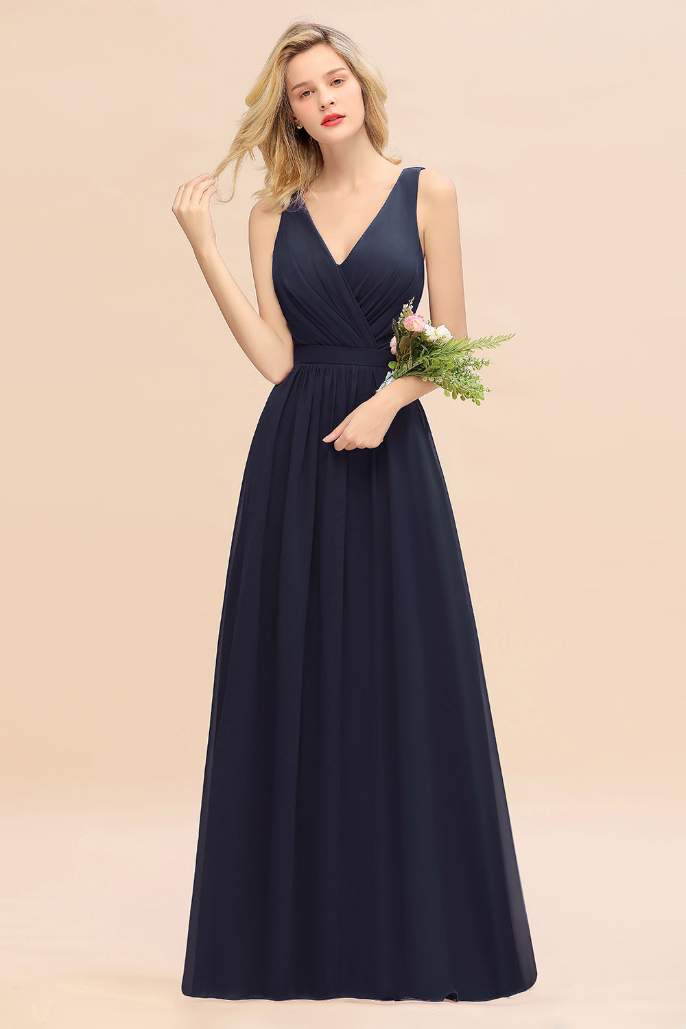 Navy V-Neck Chiffon A-Line Long Bridesmaid Dress with Ruching