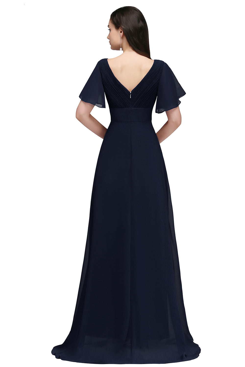 Navy V-Neck Chiffon Empire Long Bridesmaid Dress Back View