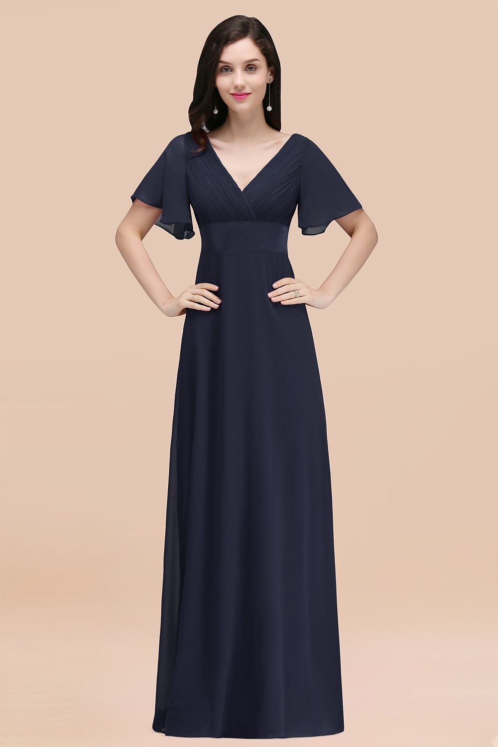 Navy V-Neck Chiffon Empire Long Bridesmaid Dress with Pleats