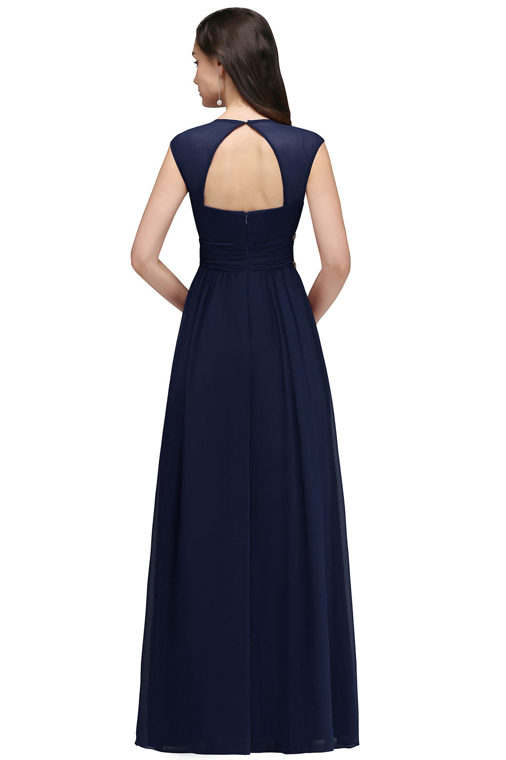 Navy V-Neck Chiffon Empire Long Bridesmaid Dress with Rhinestones Back View