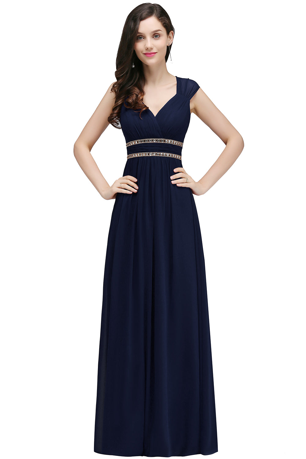 Navy V-Neck Chiffon Empire Long Bridesmaid Dress with Rhinestones