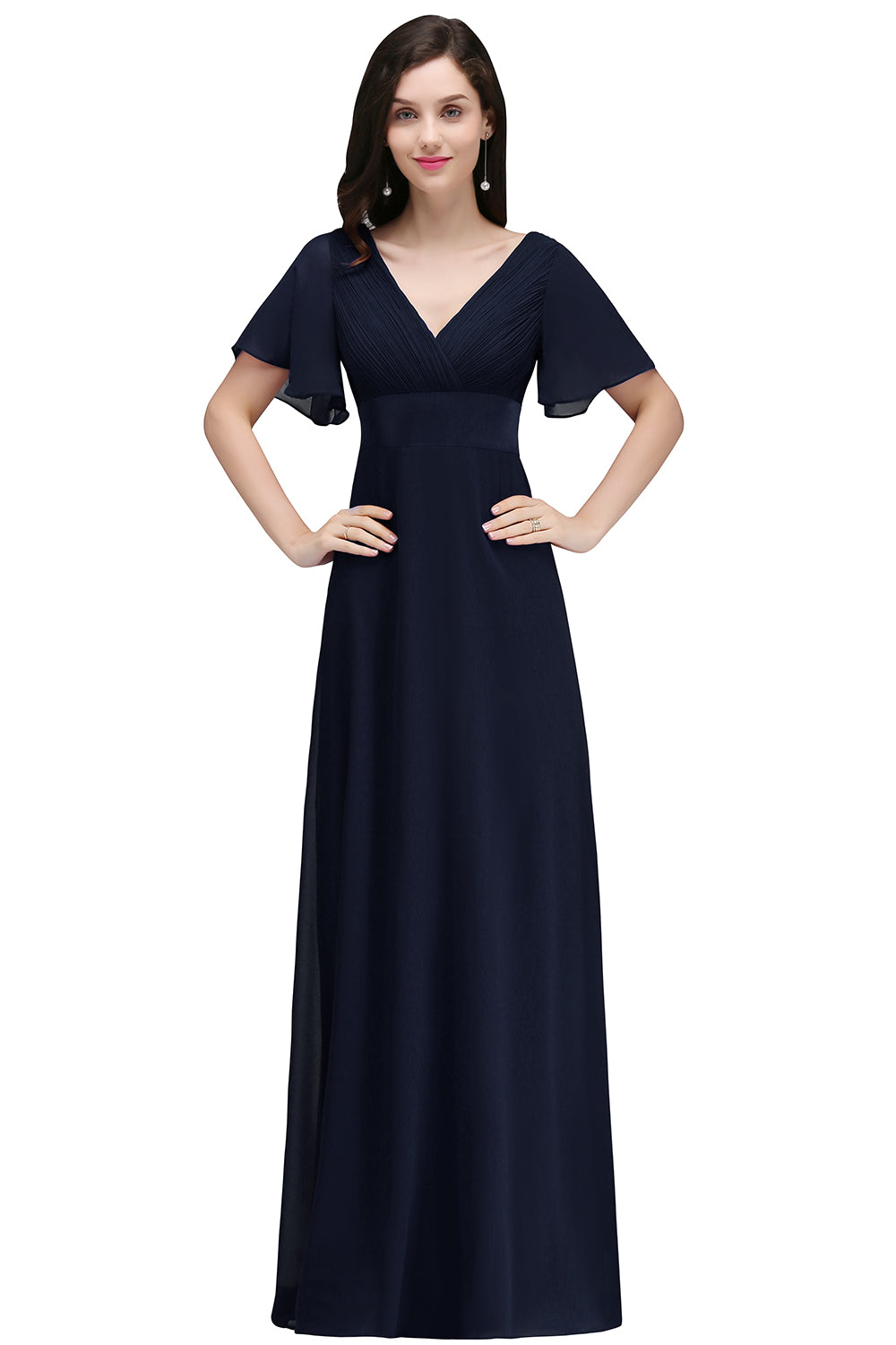 Navy V-Neck Chiffon Empire Long Bridesmaid Dress