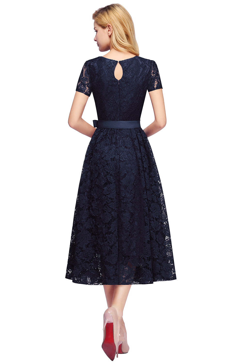 Navy V-Neck Lace A-Line Bridesmaid Dress Back View