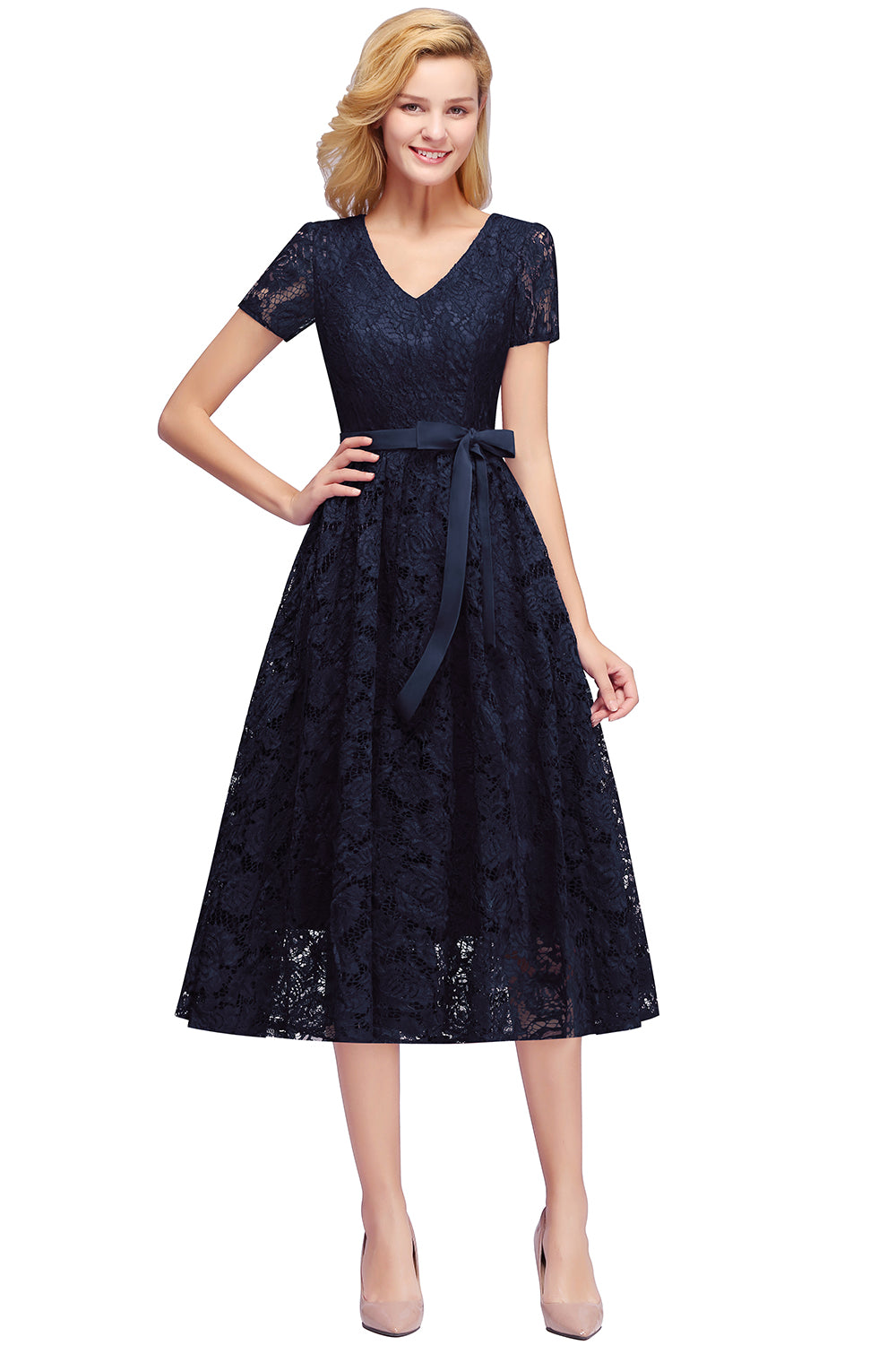 Navy V-Neck Lace A-Line Bridesmaid Dress