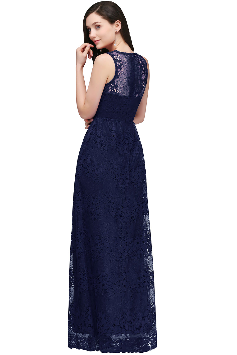 Navy V-Neck Lace A-Line Long Bridesmaid Dress Back View
