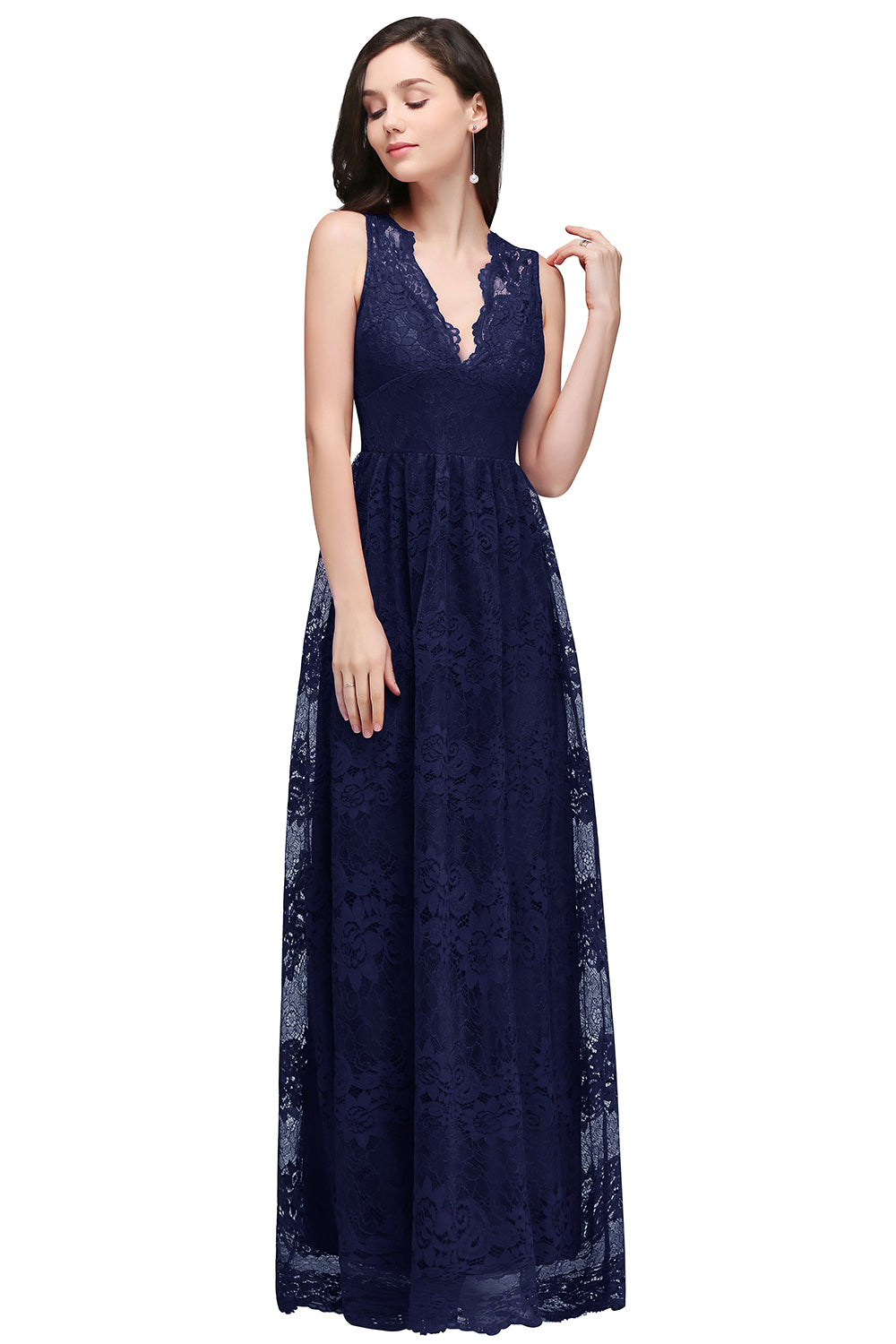 Navy V-Neck Lace A-Line Long Bridesmaid Dress