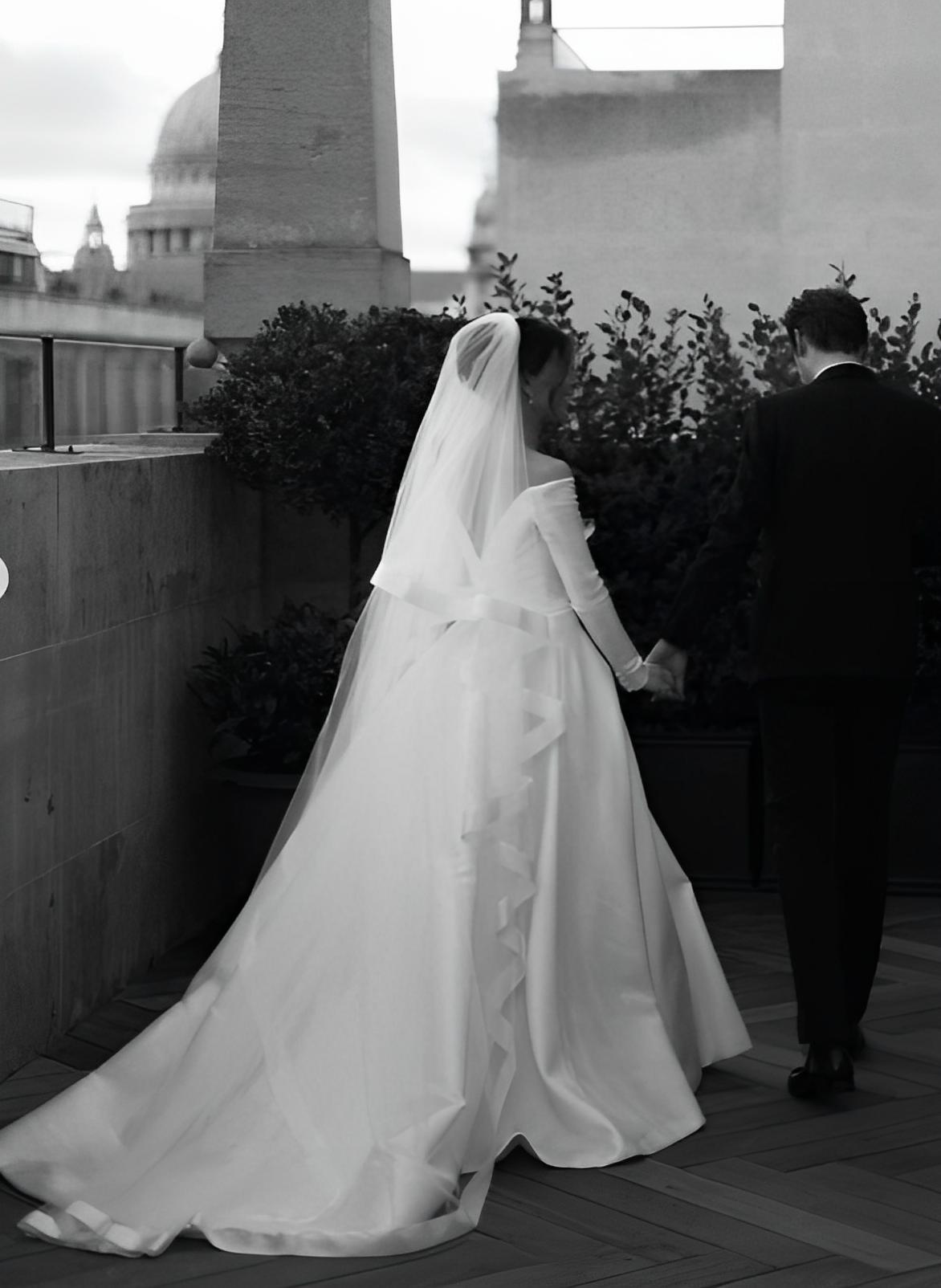Off The Shoulder Satin A-Line Wedding Dress with Pockets and 3/4 Sleeves Back View