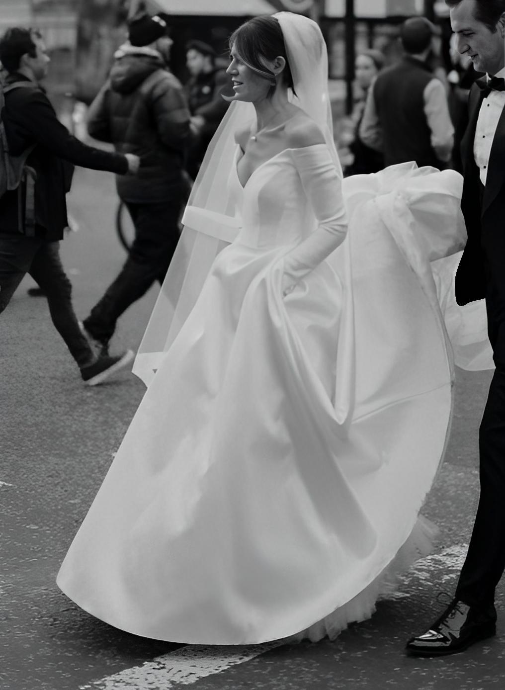 Off The Shoulder Satin A-Line Wedding Dress with Pockets and 3/4 Sleeves Side View