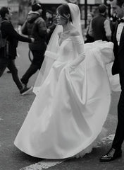 Off The Shoulder Satin A-Line Wedding Dress with Pockets and 3/4 Sleeves Side View