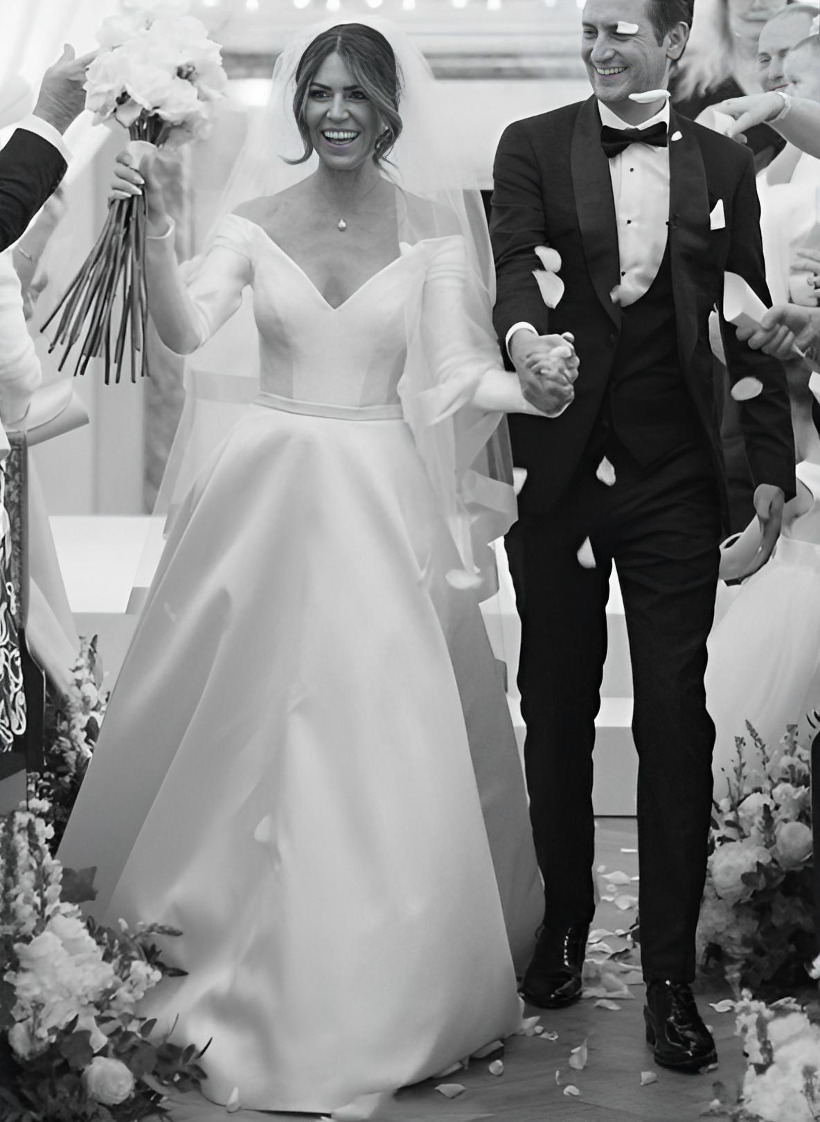 Off The Shoulder Satin A-Line Wedding Dress with Pockets and 3/4 Sleeves