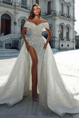 Elegant Mermaid Off-the-Shoulder Sequined Long Wedding Dresses With Split