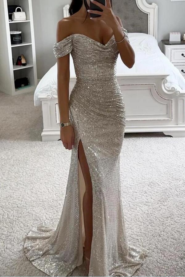 Mermaid Off-the-shoulder Sweetheart Sequined Long Prom Dresses With Split