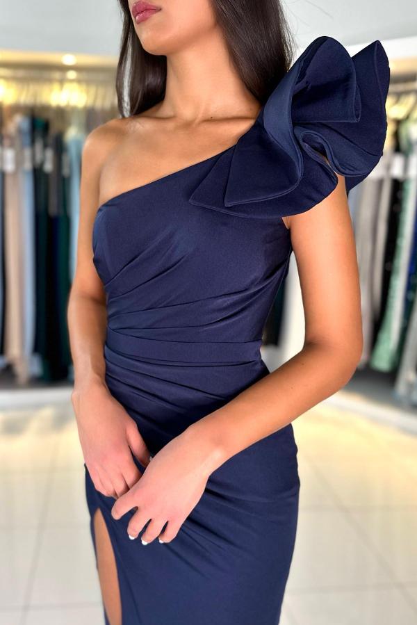 Load image into Gallery viewer, Dark Navy One Shoulder Mermaid Chiffon Long Prom Dress With Split
