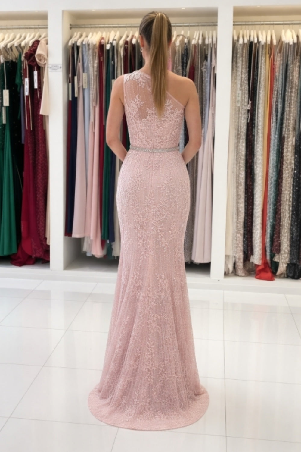 27dress One Shoulder Sleeveless Sequined Formal Dress with Slit-Back